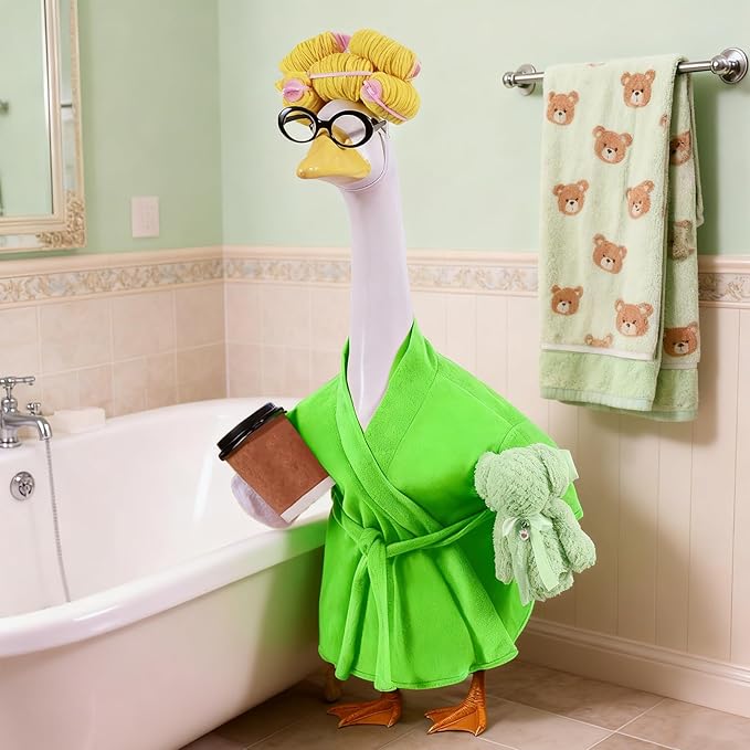 Lady Porch Goose Outfits,Bathrobe Porch Goose Statue Costume with Curlers Reading Glasses Coffee Cup Towel, Cute Goose Clothes for 23-Inch Cement Statue, Lawn Yard Garden Patio Decor(Green)