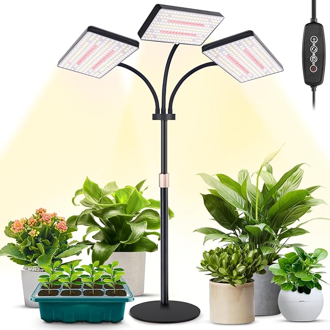 LBW Upgraded Desk Grow Lights for Indoor Plants, Tri-Head 642 LEDs Tabletop Full Spectrum Grow Light, with 3/6/12H Timer, 6 Brightness Levels, 3 Lighting Modes, Height Adjustable for 10-26 inches