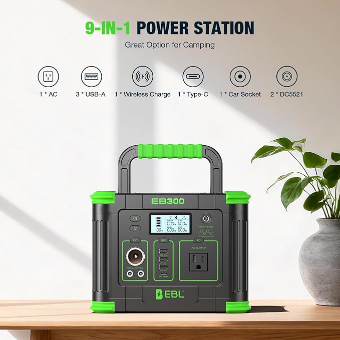 EBL Portable Power Station 288.6Wh 330W Solar Generator Pure Sine Wave AC Output (600W Peak) with 5W Wireless Charger, SOS LED Light & Multi-Port Design for Camping Home Emergency RV CPAP