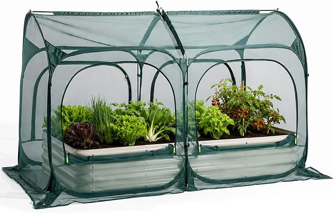 PORAYHUT All-in-One Raised Garden Bed and Crop Cage Net Kit, Metal Outdoor Planter Box with Protective Mesh Greenhouse Cover for Backyard Vegetables, Herbs, Flowers (5.25 * 2.6FT Raised Bed &NET)