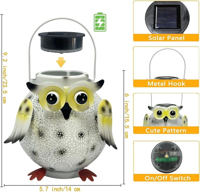 1 Pack Hanging Solar Lanterns - Garden Light Waterproof Metal Decorative Solar Lantern Lights Outdoor for Patio Yard Table Pathway (White owl 1pk)