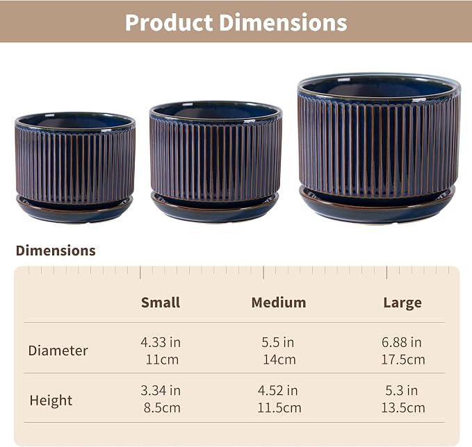 SURE YUESI Ceramic Plant Pots Set of 3, Indoor Outdoor Planters with Drainage Hole and Saucer, Ceramic Flower Pots for Indoor Plants, 4.3+5.5+6.8 Inch, Home, Garden, Patio and Office, Glossy Blue