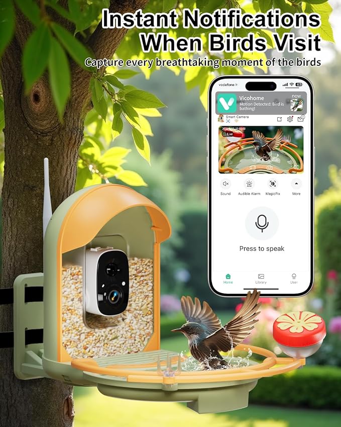 Bird Feeder with Camera, 2K HD Camera Birds Feeder with Bath Wireless Outdoor, Solar Powered Bird Watching with APP Control, Night Vision, Motion Detection Alerts, IP66 Birdfeeder for Backyard, Green