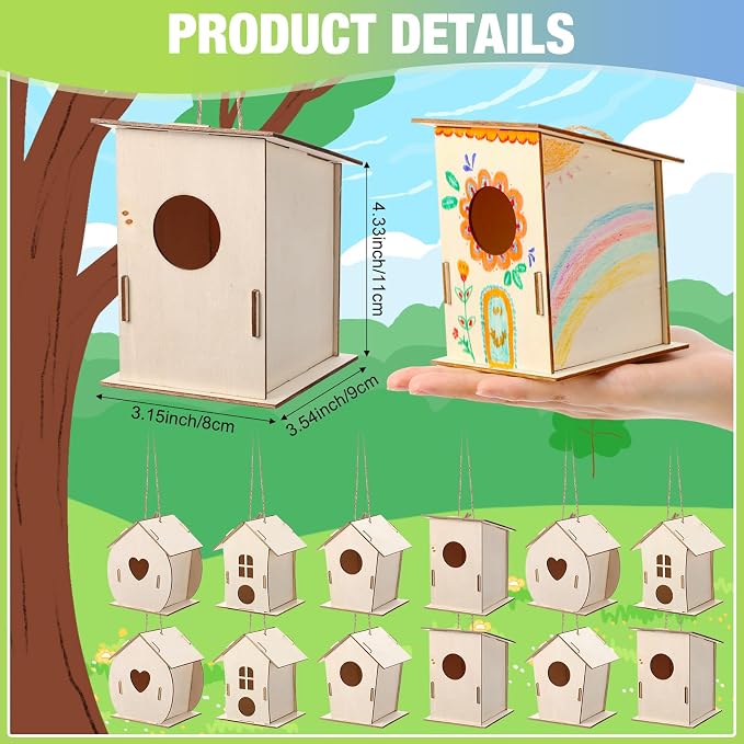 DoubleFill 12 Pcs Bulk Wooden Bird Houses Kits for Kids Mini Bird House for Craft DIY Unfinished Wood Birdhouse to Paint, Build for Children Wooden Arts Classroom Activity, 4 Styles