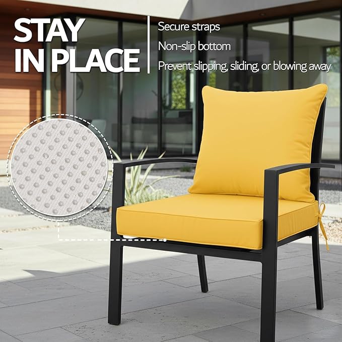 24x24 Inch Outdoor Chair Cushions Set of 4, Patio Furniture Cushions - Removable Cover, Water-Repellent, Fade-Resistant, Non-Slip Bottom & Straps, Replacement for Deep Seat Sofa & Couch - Yellow