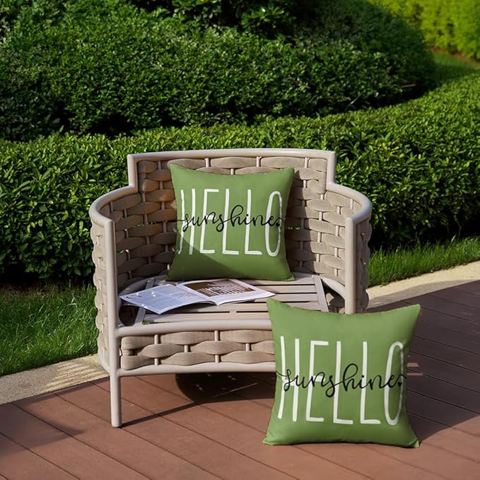 DFXSZ Outdoor Pillow Covers 18x18 Inch Set of 2 Hello Sunshine Decor Olive Green Waterproof Summer Outdoor Pillow Covers for Patio Furniture Garden Sofa Couch