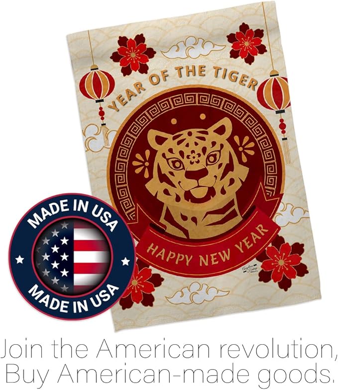 Happy Tiger Year House Flag New Lunar Good Luck Prosperous Seasonal Arrival Blessing Decoration Banner Small Garden Yard Gift Double-Sided, Made in USA