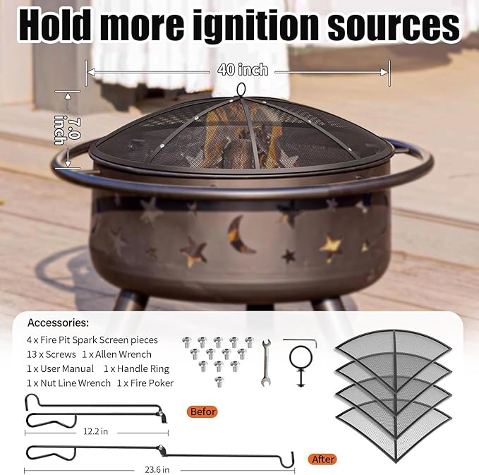 Fire Pit Spark Screen, 40Inch Fire Pit Lid Outdoor with Handle & Poker, Heavy-Duty Mesh Firepit Cove with 12 Reinforced Bars for Backyard/Beach/RV Camping