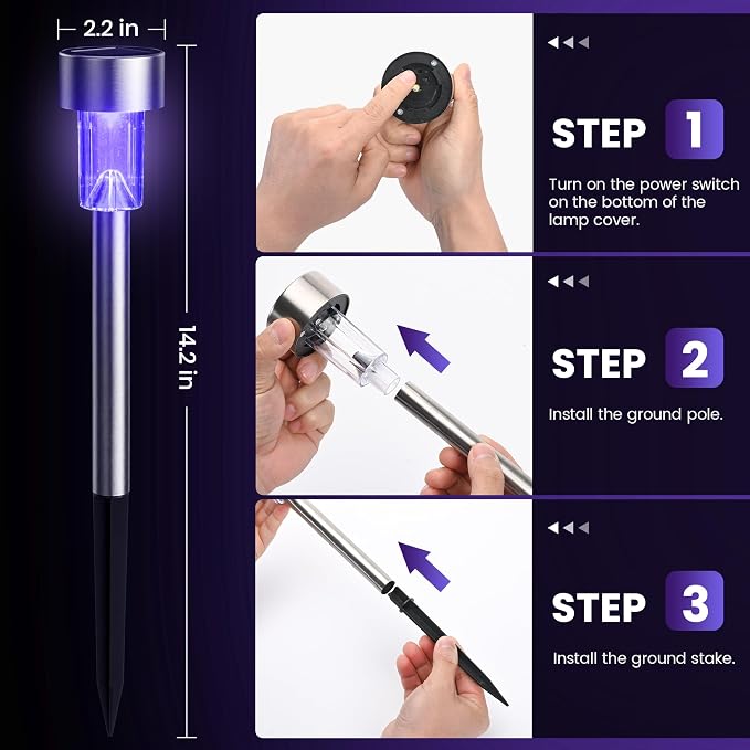 GIGALUMI Purple Solar Pathway Lights, 12-Pack Outdoor Halloween Decor | Waterproof LED stainless stakes for yard, garden, driveway, walkway. Purple glow creates spooky atmosphere.