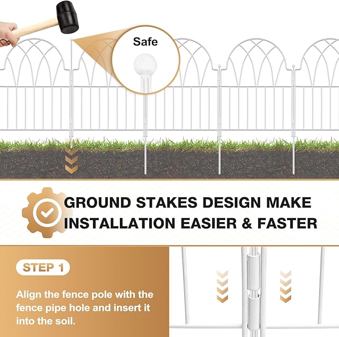 Garden Fence Panels - 17 in(H) x 20.07ft(L) White Metal Fence No Dig Decorative Fence with Stakes Animal Barrier Fence for Dogs, Flower Bed Edging Wire Border for Yard, Patio, Outdoor Decor