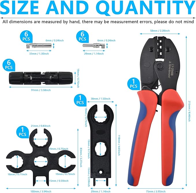 Heavy Duty Solar Cable Crimping Tool Kit, 6 Pairs Solar Panel Connectors, 1Pcs Solar Cable Crimper,1Pcs straight and Cross Spanner Wrenches, Solar Wire Crimping Tool for PV Cable Installation, Black