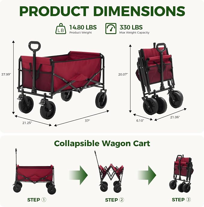 DUMOS Collapsible Wagon Cart, Heavy Duty Foldable Utility Wagon with Lockable Brake Wheels – 330 lbs Capacity, Flexible Handle for Beach, Garden, Sports, Grocery & Camping, Red