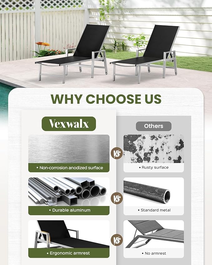 Vexwalx Patio Chaise Lounge Chair Outdoor with Wheels&Armrests, Aluminum Pool Lounge Chairs 5-Position Adjustable Recliner, Outdoor Beach Lounge Chairs for Poolside, Patio, Deck, Yard, Black