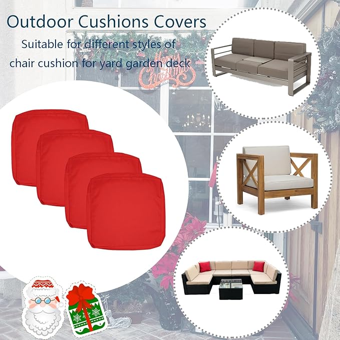 FLYMEI Patio Cushion Covers 18x18x2 Waterproof Outdoor Cushion Cover Replacement 2Packs Outdoor Seat Cushion Slipcover for Rattan Chair Sofa, Red, Christmas Pillow Decoration