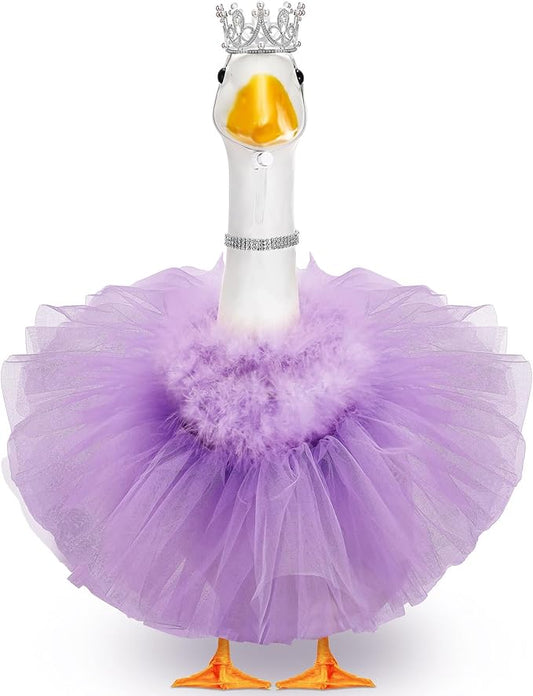 4 Pcs Princess Porch Goose Outfit for 23" 17" Cement Lawn Goose Costume Crown Necklace Tutu Skirt Feather Trim for Princess Outdoor Garden Lawn Art Decor(Purple)
