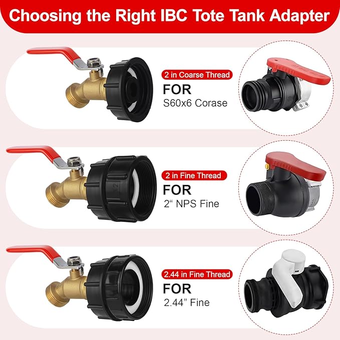 275-330 Gallon IBC Tote Hose Adapter,3-Size IBC Tote Adapter, 2.44" Fine、2 "Fine, and 2" Coarse Thread,3/4" Male NPT Inlet ×3/4" Male GHT Brass Hose Faucet Garden Hose Connector （Red handle）