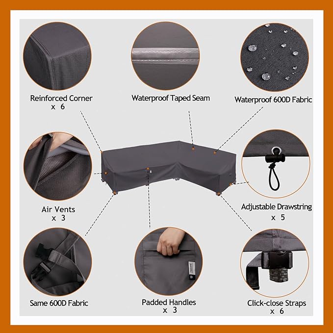 Heavy Duty Outdoor Sectional Sofa Cover, 115"X83" L-Shaped Waterproof 600D Patio Sectional Cover, Lawn Patio Furniture Protector(Storm Grey, L-Shaped-Right Facing-115 x83)