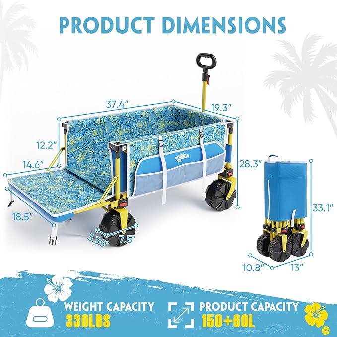 Old Bahama Bay Beach Wagon with Big Wheels for Sand, 330 LBS Heavy Duty Collapsible Beach Cart with Tailgate, Foldable Utility Wagon with Cup Holders & Side Pocket for Camping, Shopping, Garden, Blue