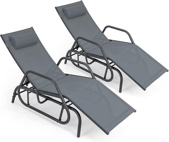Tangkula Outdoor Glider Recliner Chair, Adjustable Backrest Patio Gliding Lounger Chair with Armrests and Pillow, Outdoor Swinging Rocking Chair with Breathable Fabric for Poolside, Backyard (2, Grey)