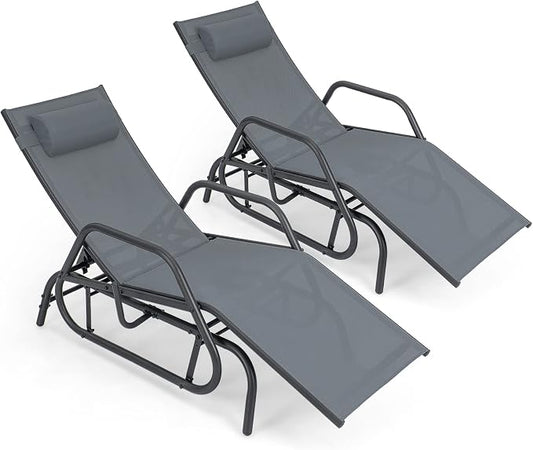 Tangkula Outdoor Glider Recliner Chair, Adjustable Backrest Patio Gliding Lounger Chair with Armrests and Pillow, Outdoor Swinging Rocking Chair with Breathable Fabric for Poolside, Backyard (2, Grey)