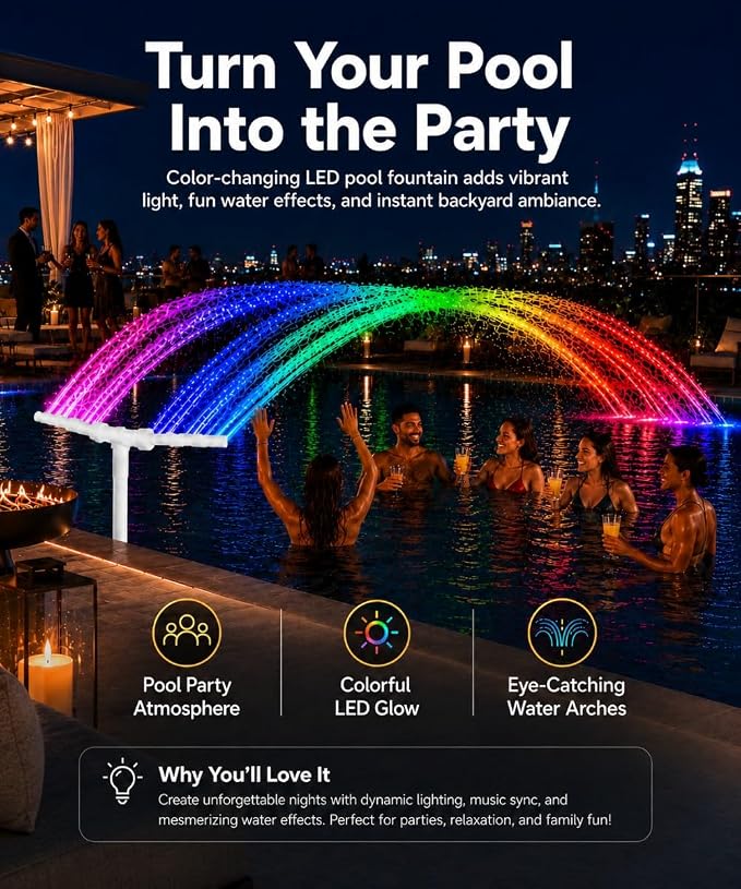 Solar Pool Fountain with 18 LED Lights, Dual-Head Waterfall Sprinkler, Remote Control, 11 Colors & 6 Modes, Adjustable Height & Direction for Above & In-Ground Pools