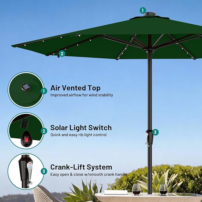 AreShark 11FT Large Patio Umbrella with Solar Lights, Lighted Solar Umbrella with Crank, Outdoor Table Market Umbrellas for Garden, Deck, Backyard, Pool and Beach, Dark Green