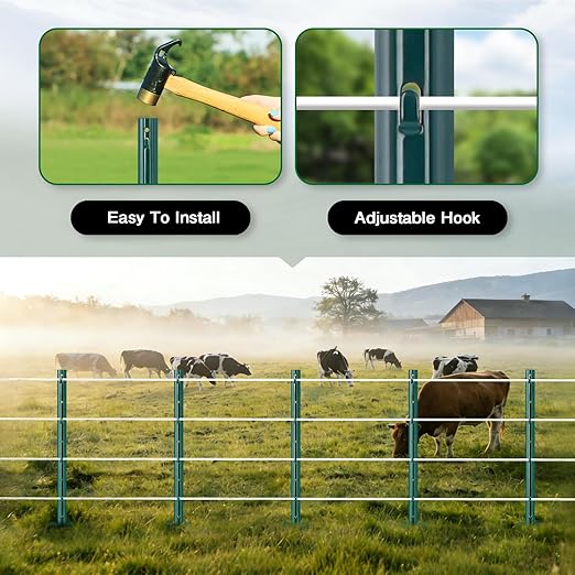 Gtongoko 10 Pack 5FT Heavy Duty Metal Fence Posts, Green U Channel No Dig Fence Stakes with Anchor Plate, 14 Gauge Steel Posts for Wire Fencing, Garden Protection, Animal Barrier, Yard & Farm Boundary