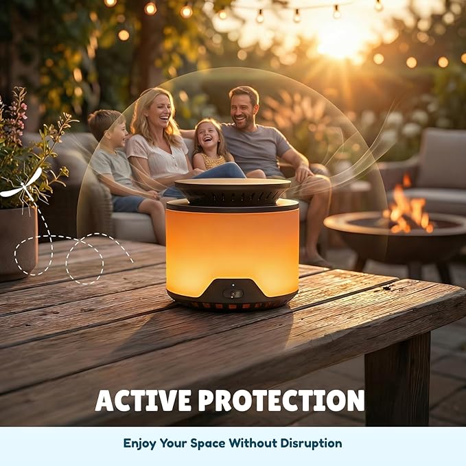 Mosquito Repellent Outdoor Patio, Rechargeable Mosquito Repeller Warm Ambient Light, Plant-Based Electronic Bug Repellent Shield for Patio, Camping, Fishing & Backyard (2 Cartridges Included)