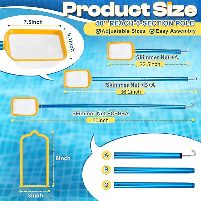 50in 2-in-1 Pool Skimmer Tool with Stainless Steel Hook and Detachable Fine Mesh Net, Includes Skimmer Basket Handle, for Above Ground and Inground Pools