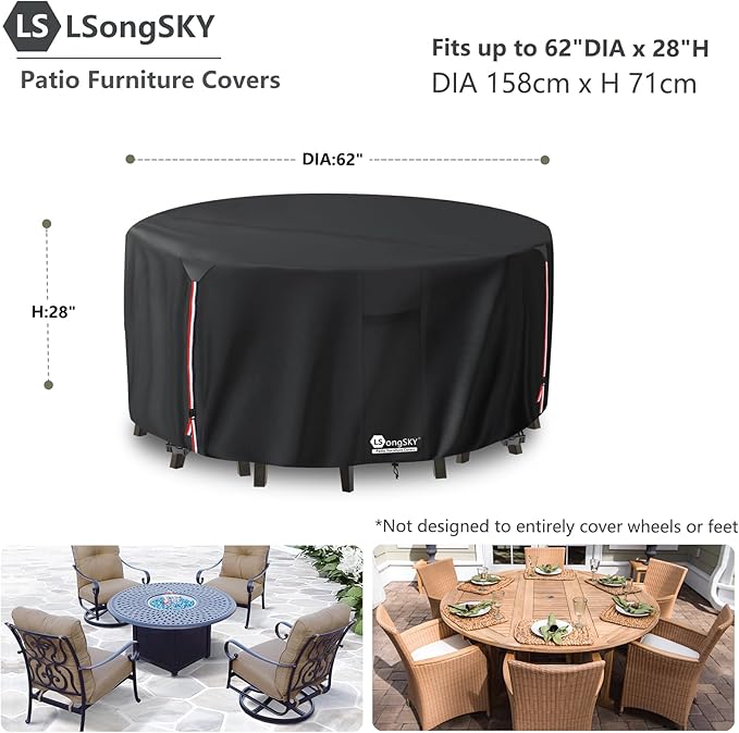 Round Patio Furniture Covers,600D Heavy Duty Waterproof Outdoor Furniture Cover for Round Dining Table with Rocking Swivel Chairs Set,62" Dia x 28" H Black