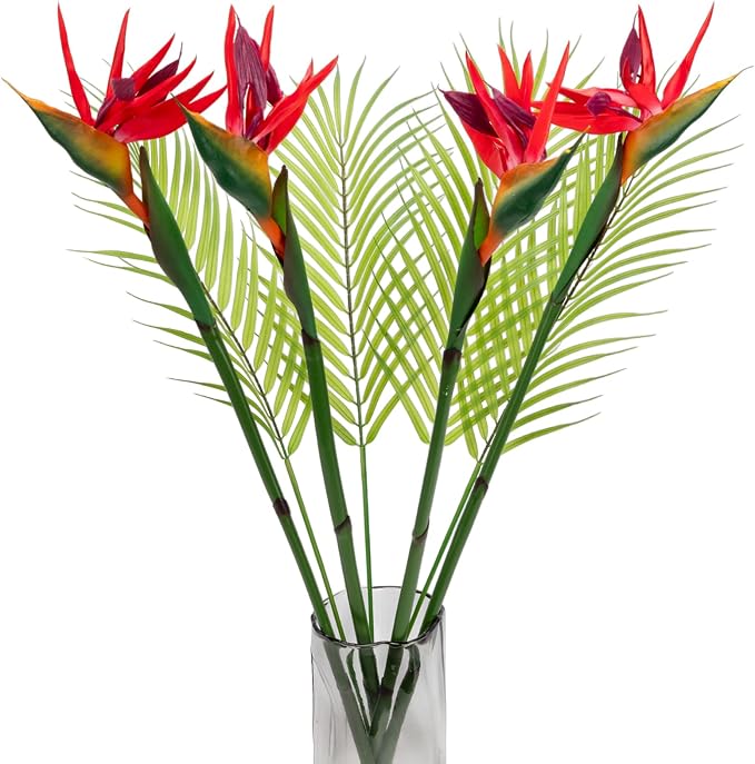 8 PCS Bird of Paradise Artificial Plant Combo Palm Leaves,4 Faux Bird of Paradise Plant with 4 Artificial Palm Leaves for Wedding Garden Office Home Indoor and Outdoor Decor(Red)