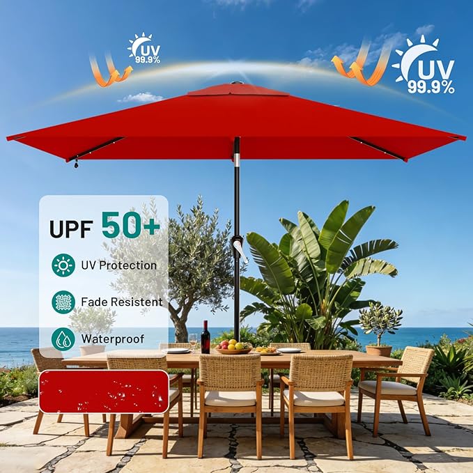 AreShark 6.5' x 10' Rectangular Patio Umbrella with Solar Lights, Solar Powered Lighted Market Umbrella w/Tilt and Crank, Outdoor Table Umbrella for Garden, Deck, Backyard, Pool and Beach, Red