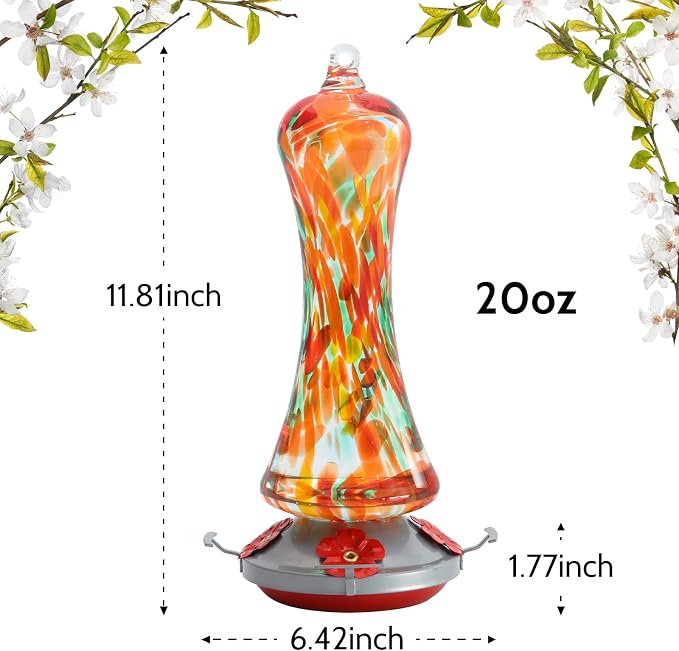 Glass Hummingbird Feeder for Outdoors: Orange Window Hanging Hummingbirds Presents for Women - Ant Moat Included, Metal Base with 4 Feeding Ports & Perch, Leak Proof, 38 fl.oz, Best Garden Decor