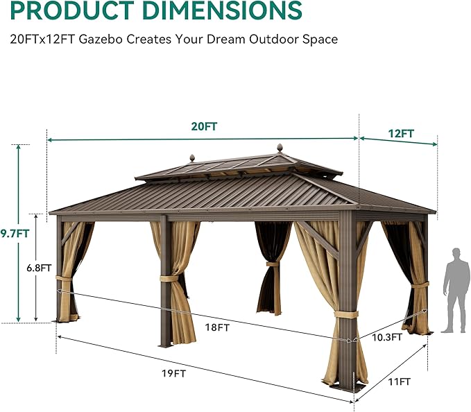 YITAHOME 12x20 ft Hardtop Gazebo with Nettings and Curtains, Outdoor Heavy Duty Aluminum Gazebo Combined of Horizontal and Vertical Stripes Roof for Patio, Backyard, Deck, Lawns and Balcony (Bronze)