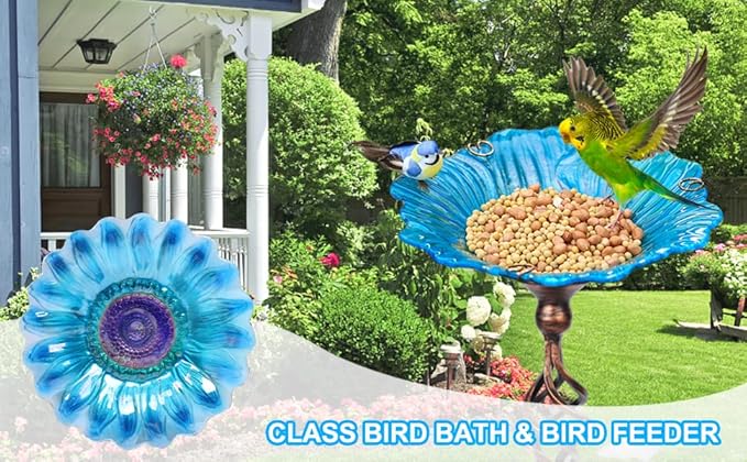Homight Solar Glass Blue Bird Bath, Yard Art，Garden Outdoor Birdbath with Metal Stake with White LED Light Metal Stake Garden Decor Gifts