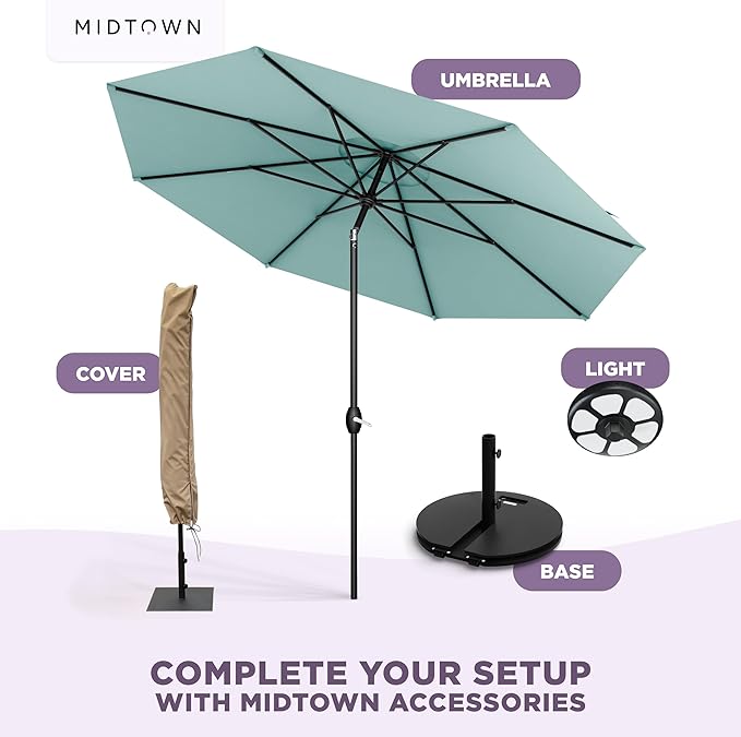 Midtown Umbrellas - 10-Year-No-Fade 9 Ft Patio Umbrella with Terylast Fabric, Auto-Tilt Aluminum Frame and 8 Reinforced Ribs for Deck, Pool, Garden & Beach - Aqua Canopy, Black Pole