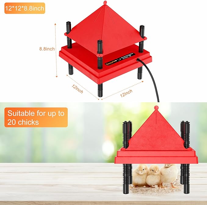 ZenxyHoC Brooder Plate for Chicks with Anti-Roost Cone, Chick Brooder Heater Red 12" x 12" with Constant Temperature