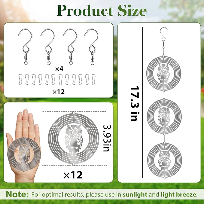 CHONOVO Bird Deterrents for Outside, 12 Discs 4 Set Reflective Owl Wind Spinners, 3D Bird Scare Devices to Keep Woodpecker Pigeon Away, Outdoor Hanging Bird Reflectors for Patio, Roof, Garden, Yard