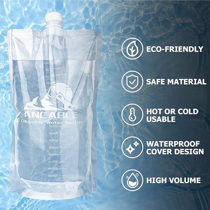 Ancable 64oz Collapsible Water Bottles, 3-Pack Reusable Travel Foldable Water Bottles for Hiking Camping Running Bike, BPA-Free Water Bottle