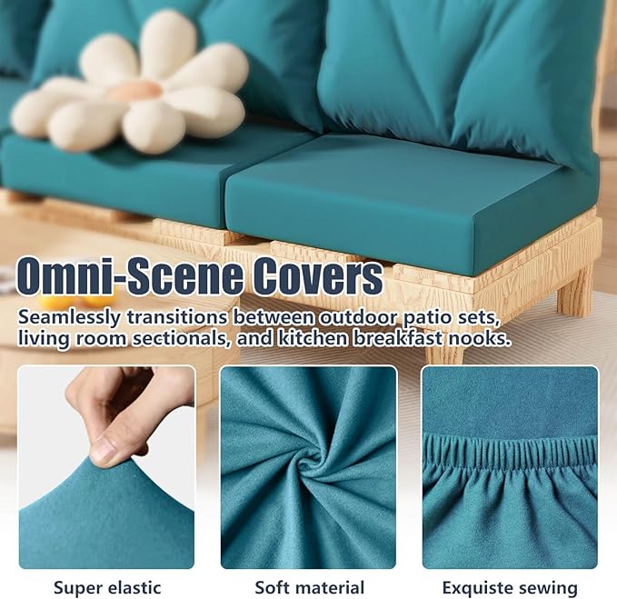 14Pcs Patio Stretch Cushion Covers, Outdoor Couch & Sofa Replacement Slipcovers for Patio Furniture Cushion Covers, Washable Reusable Furniture Protector, Square Large, Petrol Blue