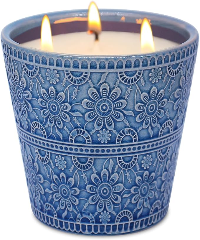 3-Wick Citronella Candle Outdoor Indoor, 20 Ounce Lemongrass Soy Wax Candle in Blue Ceramic Jar for Home Garden Patio Yard Balcony and Summer Gift