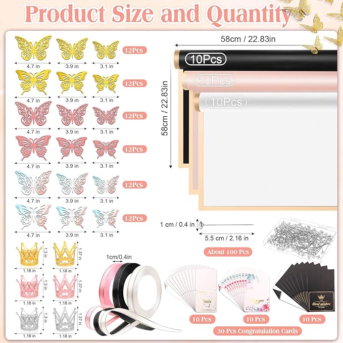 Tetutor 241 pcs Waterproof Flower Wrapping Paper,Bouquet Wrapping Paper Sheets, Floral Wrapping Paper Bouquet With Ribbons Flower Pins 3D Butterflies and Crowns for Florist Wrap