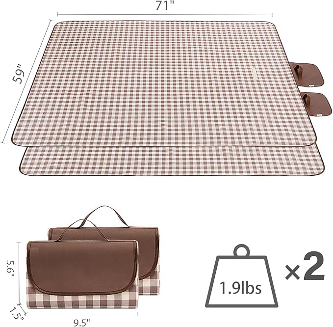 Wind Tour Waterproof Picnic Blanket with Carry Strap - Foldable Sandproof Outdoor Mat for Camping, Beach, Park - 59" x 71",Coffee Grid (Two Mat Set)