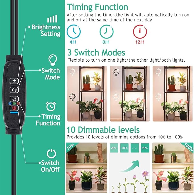 LBW Plant Grow Light, Full Spectrum Plant Light for Indoor Growing, 270 LEDs Growing Lamp with Auto On/Off Timer 4/8/12H, 3 Lighting Modes, 10 Dimmable Levels, 2 Pack