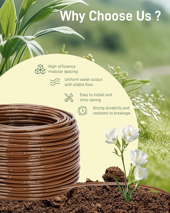 1/4" Drip Irrigation Tubing with 6" Emitter Spacing, (500 Ft Roll) Hydroponics Dripline with Built-in 0.5 GPH Dripper, Drip Line for Vegetation, Window Boxes and Garden (Brown)