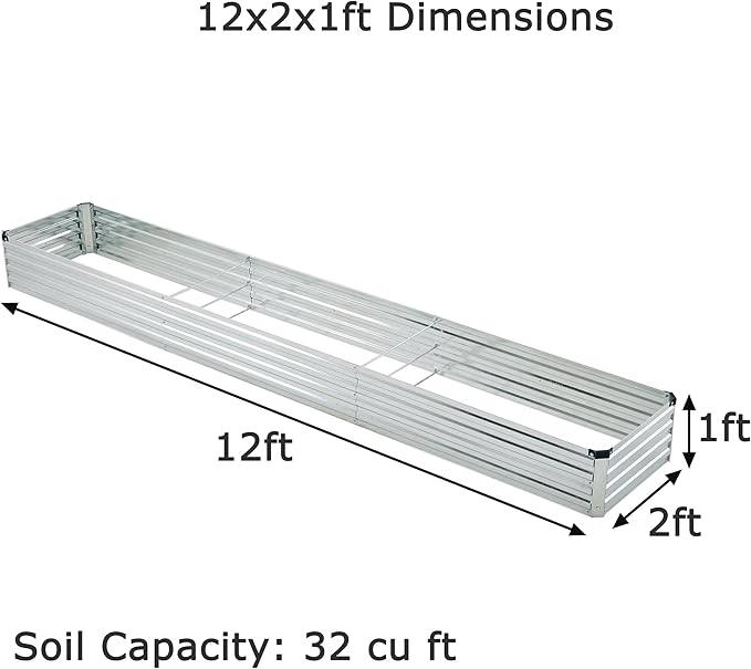 Foxlang 12x2x1ft(2 Pack) Galvanized Raised Garden Bed,Outdoor Planter Box Metal Patio Kit Planting Bed for Vegetables Flowers Herb,Silver
