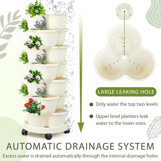 Umigy 1 Set Ivory 7 Tier Stackable Vertical Planters with Removable Wheels and Tools Tower Planters Strawberry Herb Flower Vegetable Pots Indoor Outdoor Gardening Pots