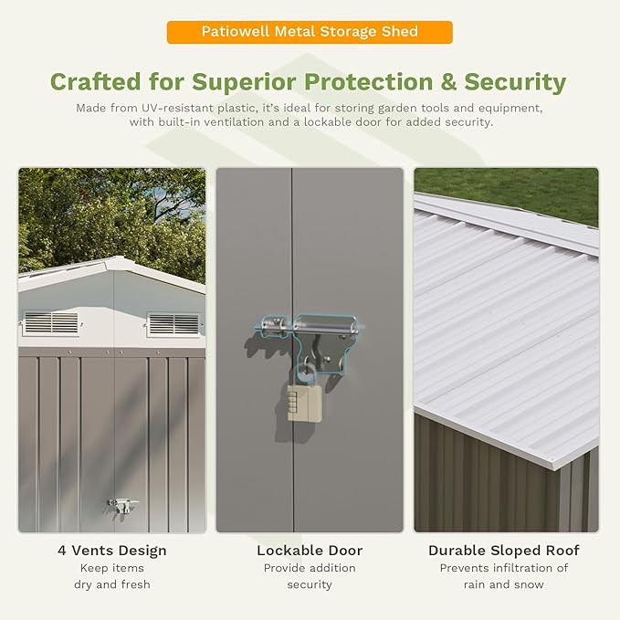 Patiowell 10 x 12 FT Outdoor Storage Shed with Floor Frame, Large Metal Shed Storage with Lockable Doors and Steel Frame, Utility Tool Outside Storage Shed for Garden, Patio, Backyard, Gray
