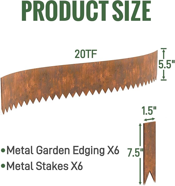 20ft Pre Rusted Cor Ten Steel Landscape Edging 5.5 in Low Profile Metal Garden Border No Dig Hammer in Lawn Edging Kit with 6 Panels 6 Clamps for Flower Bed Yard Pathway