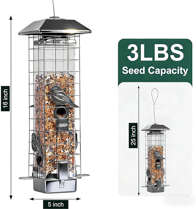 Squirrel Proof Bird Feeders for Outdoors, Metal Wild Bird Feeder for Outside Hanging, 4 Ports Perches, 3LB Large Capacity(Gray)